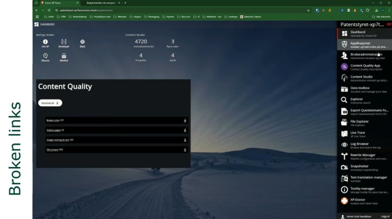 Skjermbilde av dashbordet for appen for innholdskvalitet i Patentstyrets Enonic-installasjon.