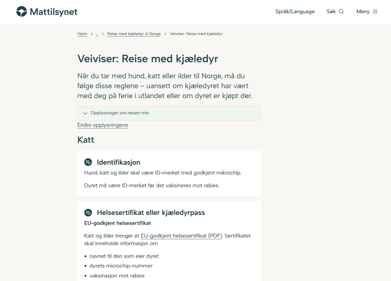 Skjermbilde av guiden for å reise med kjæledyr.