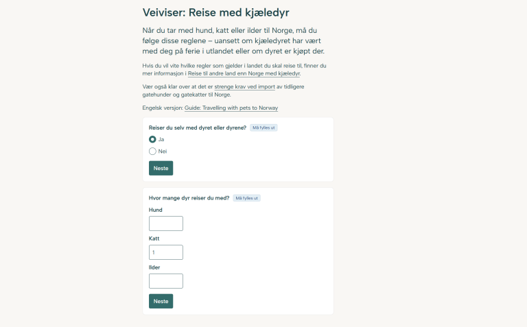Skjermbilde av guiden for å reise med kjæledyr.