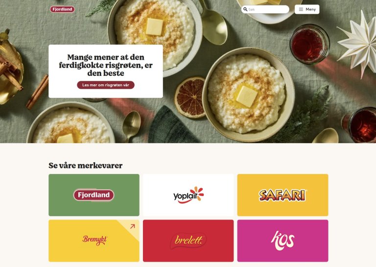 Skjermbilde av Fjordlands forside i 2024. Bilder av grøt og merkenavn.