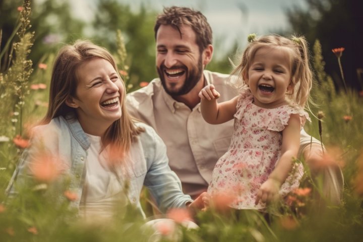 Family Man Woman Child Meadow