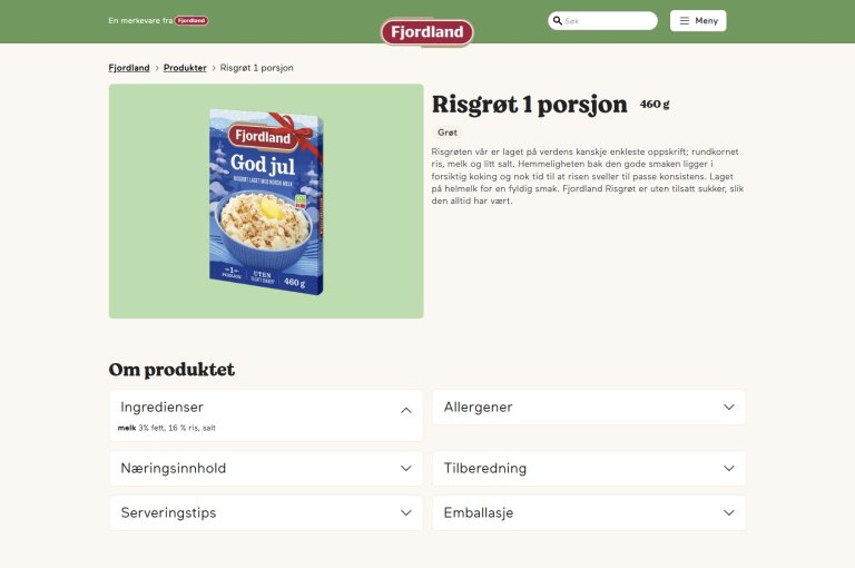 Fjordland produktside for grøt 2024.