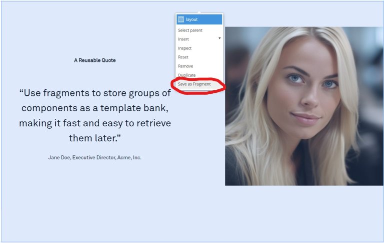 Skjermbilde av en komponent i Content Studio og en kontekstmeny med alternativet for å lagre den som et fragment.