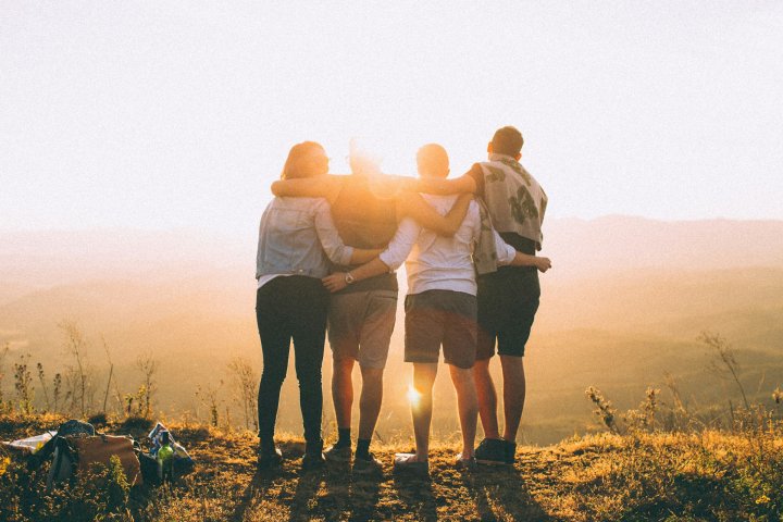 Friends People Group Embrace Hugging Sun