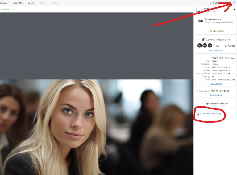 Skjermbilde av Content Studio, med kontekstpanelet åpent og filvedlegget fremhevet.