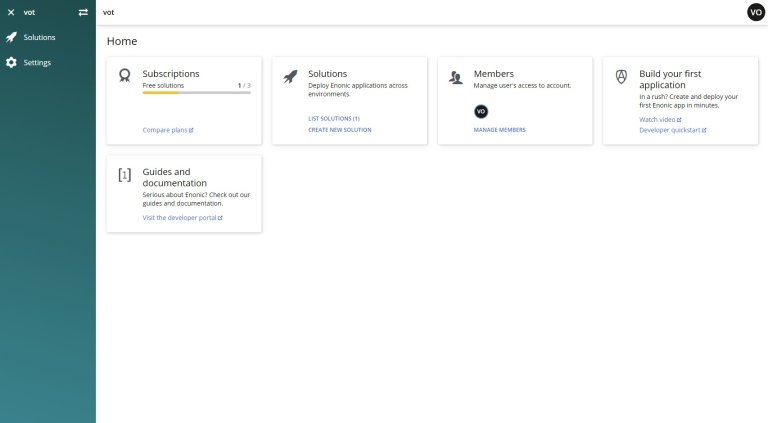 Enonic Cloud Console Hjemmeskjerm
