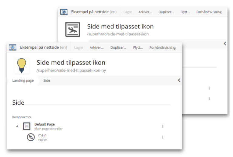 Skjermbilde av samme innholdselement med og uten tilpasset ikon.