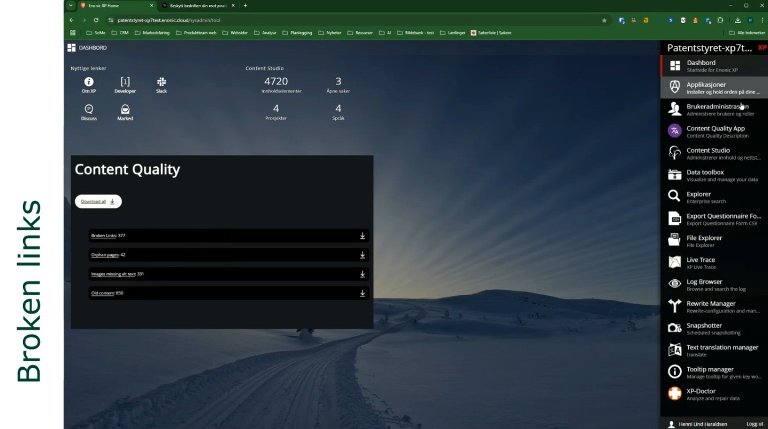 Skjermbilde av dashbordet for appen for innholdskvalitet i Patentstyrets Enonic-installasjon.