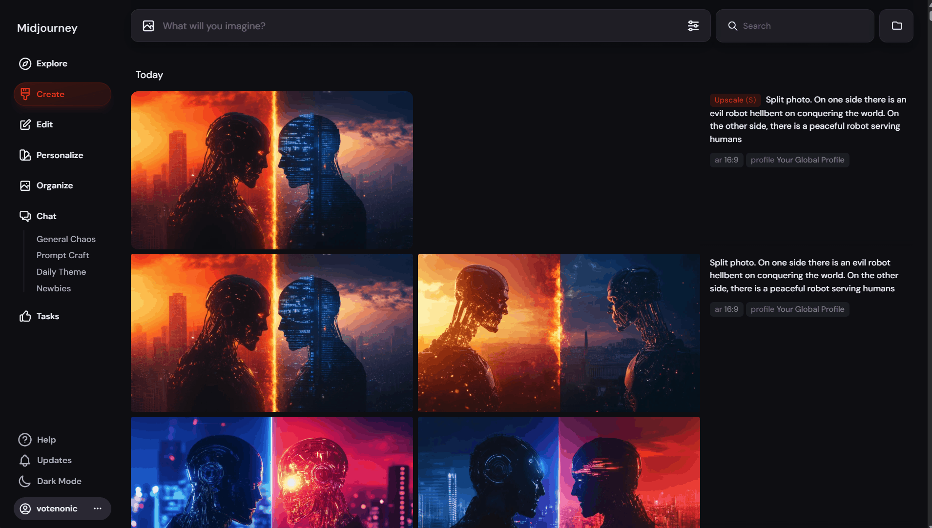 Skjermbilde av Midjourney, der brukeren lager KI-genererte bilder av ugler basert på en tekstmelding.