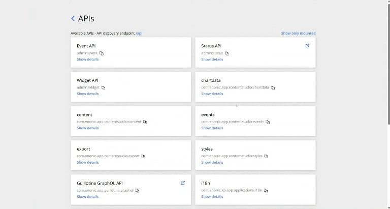Skjermbilde av API-liste i XP 8.