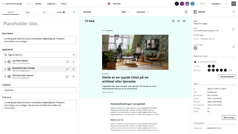 Skjermbilde av innholdsredigeringsprogrammet i Content Studio 6.
