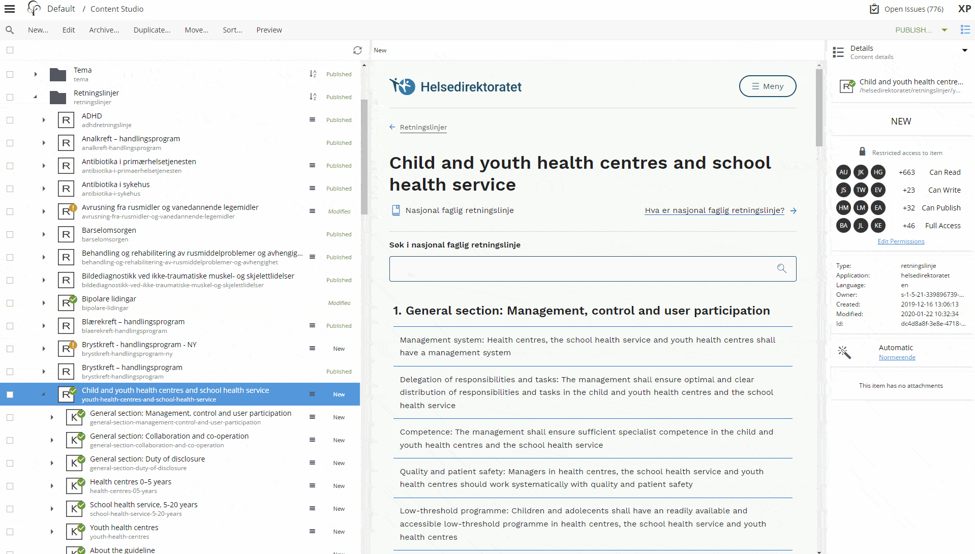 Screengrab showing navigation and editing content in Enonic.