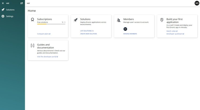 Enonic Cloud Console Hjemmeskjerm