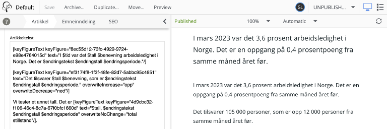 Screenshot of dynamic statistics macro in Content Studio.