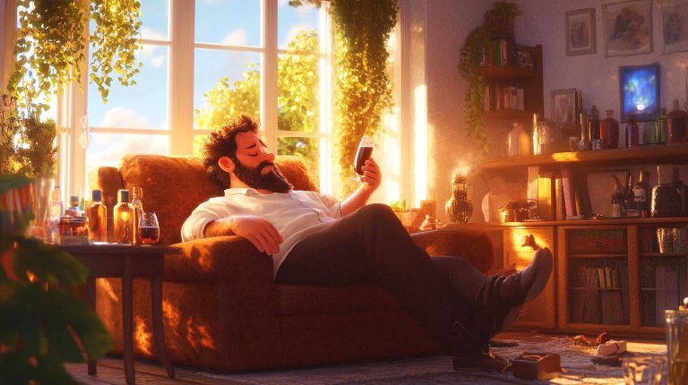 Lat mann som sitter på en sofa.