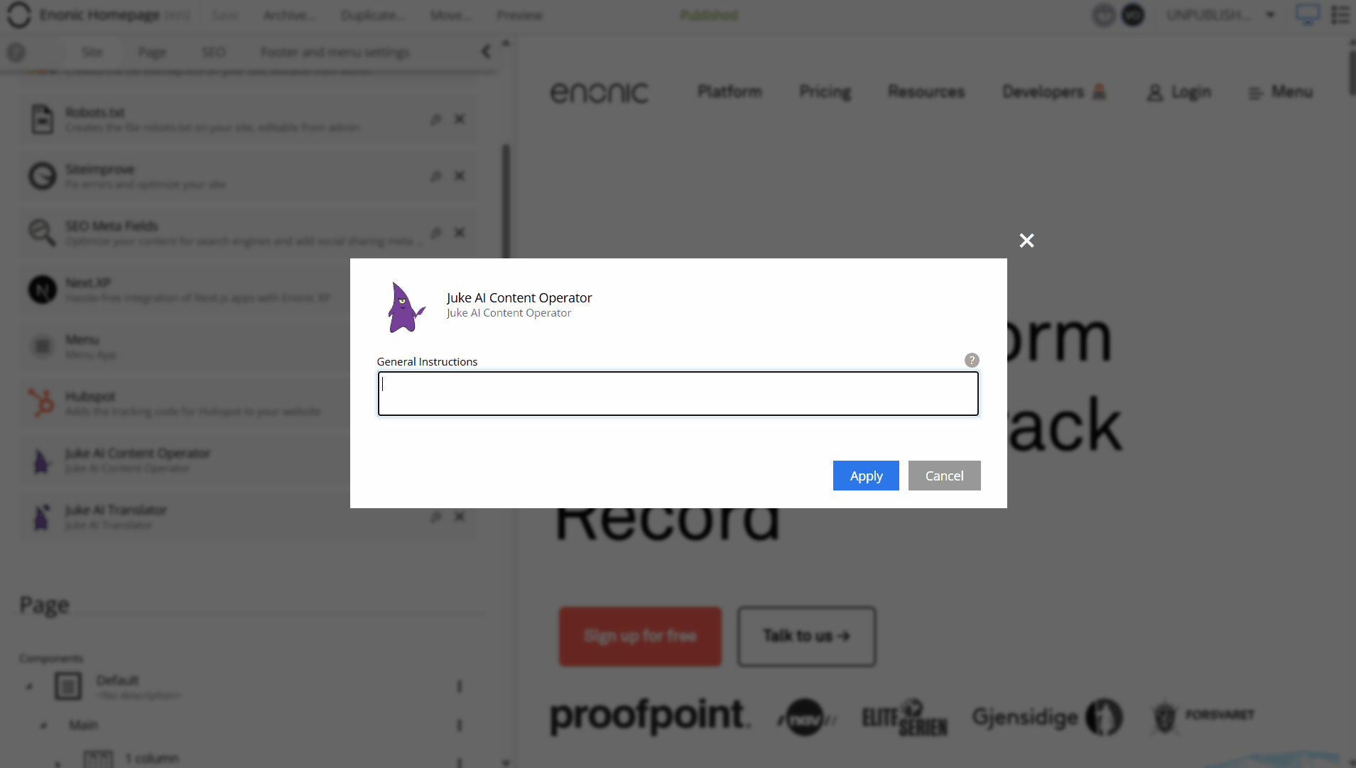 Skjermopptak av Content Studio, der man legger til tilpassede instruksjoner i Juke AI Content Operator-appen.