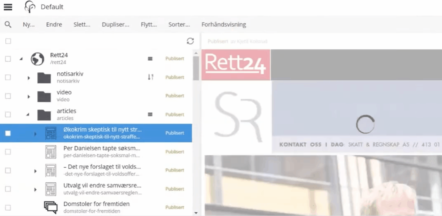 Screengrab of the content tree grid on Rett24.