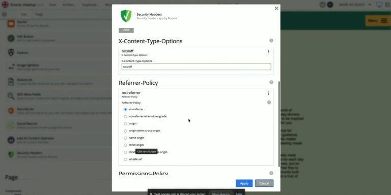 Screenshot of managing security headers in Enonic XP.