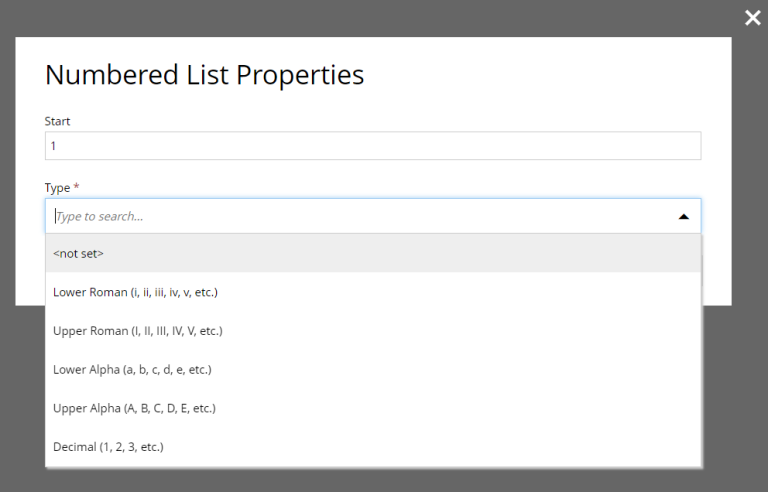 Screengrab of a numbered list properties wizard in Content Studio.