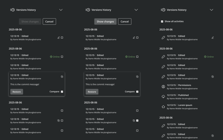 Screenshot of a collection of version histories in Content Studio 6.
