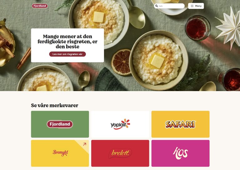 Screenshot of Fjordland's frontpage in 2024. Images of porridge and brand names.