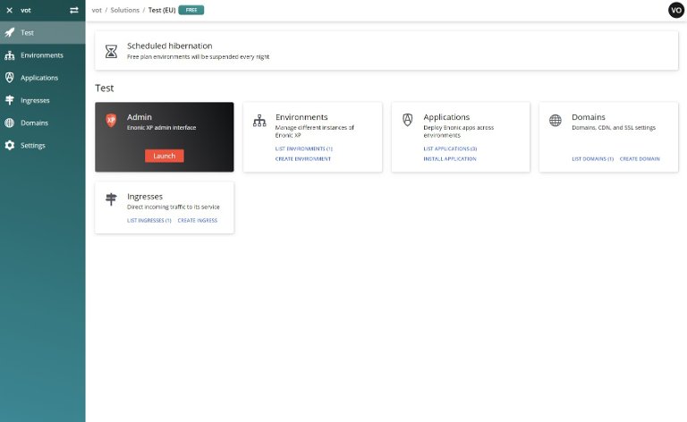 Enonic Cloud Console Solution Screen