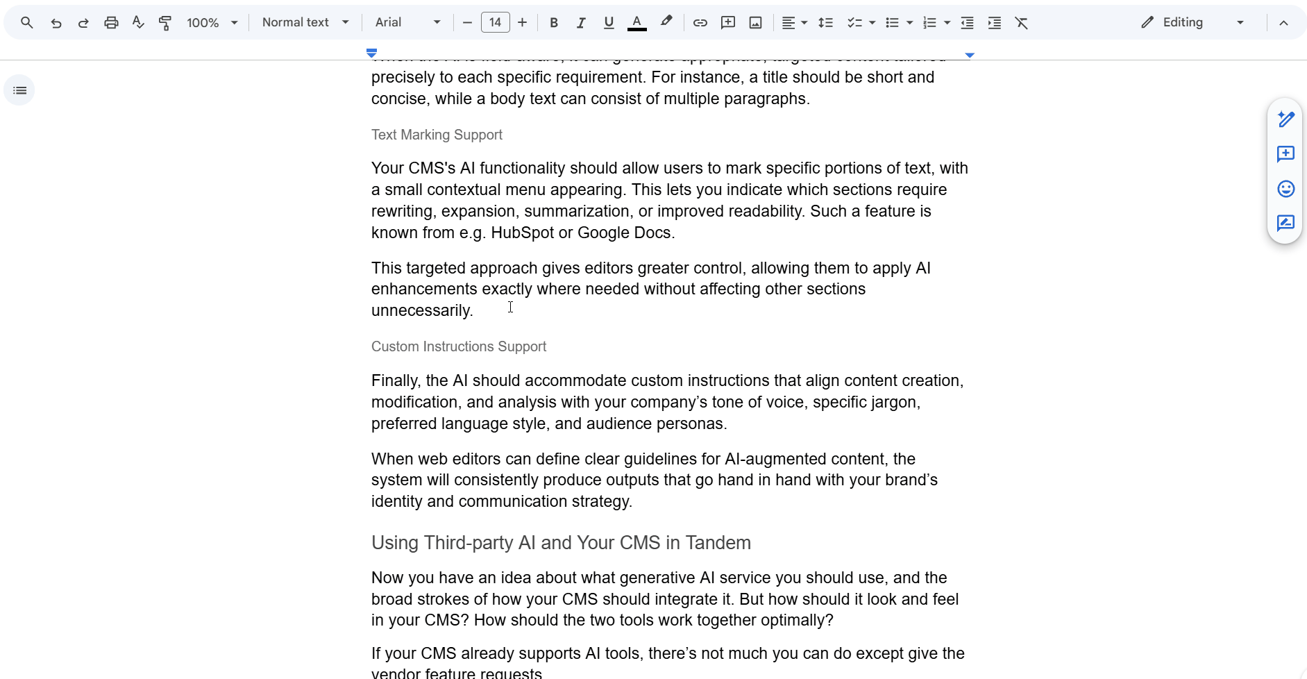 Screen recording of Google Docs, where highlighting text prompts the AI to come up with suggestions.