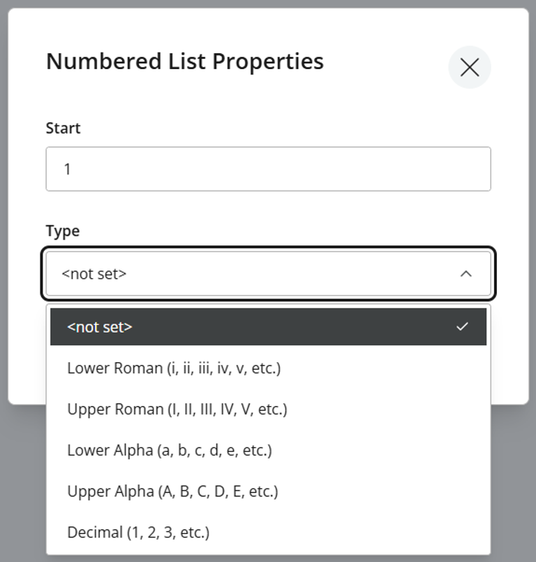 Screengrab of a numbered list properties wizard in Content Studio.