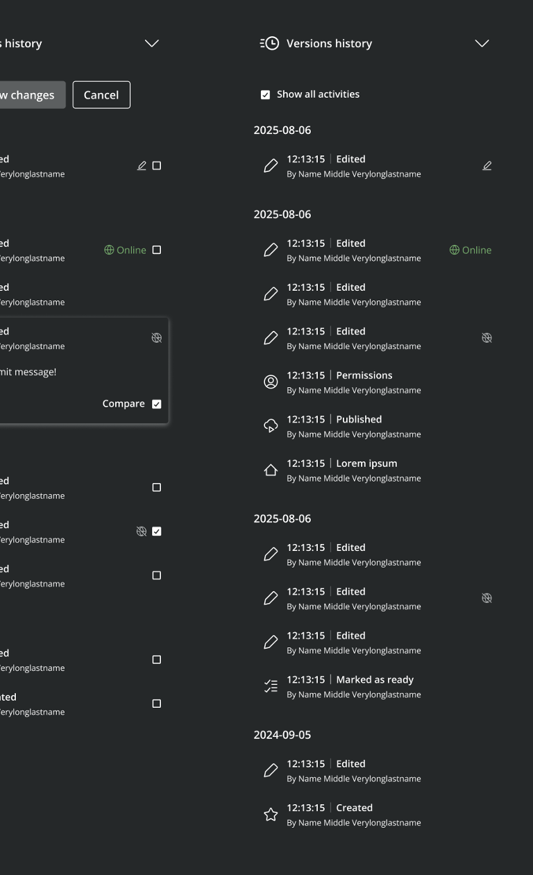 Screenshot of a collection of version histories in Content Studio 6.