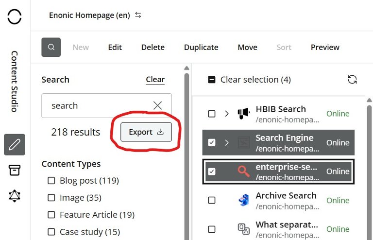 Screengrab of the export search results function in Content Studio.